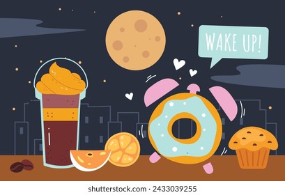 Coffee mug cup city night concept. Vector cartoon graphic design element illustration