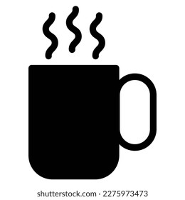 Coffee mug or cup, hot beverage object, black color vector icon for infographic, website or app with steam isolated on white background.