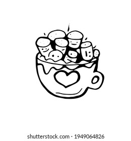 Coffee mug with cute marshmallows. Vector illustration isolated on white background, doodle style.
