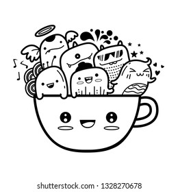 Coffee mug cute monster doodles background Vector illustration. 