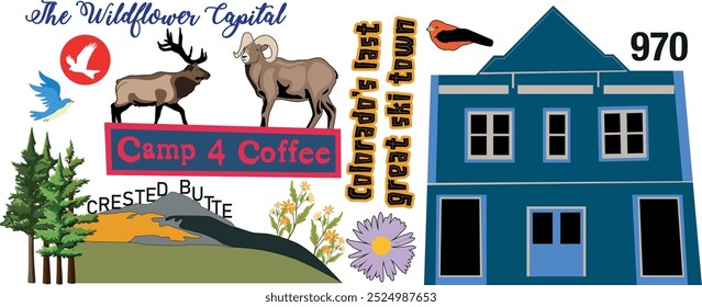 Coffee mug design with blue home and 970number. birds and animals with forest and trees. crested butte and mountains with purple flower. the wildflower capital mug and glass designs