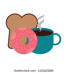 coffee mug with donut and bread loafover white background, vector illustration