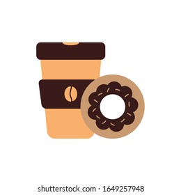 Coffee mug y donut estilo plano diseño de icono de la bebida del tiempo desayuno bebida bebidas de la mañana aroma de la tienda y tema de la cafeína Vector ilustración