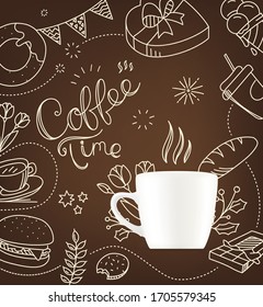 Kaffeekrug mit Doodlen-Elementen. Cafe-Menü-Design-Vektorillustration-Vorlage