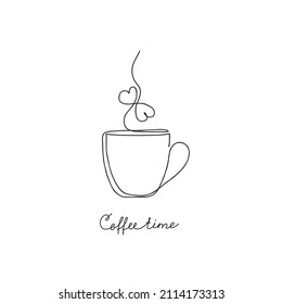 The coffee mug is drawn with one continuous line. Aroma hearts. Minimalism vector illustration. Coffee time lettering. 