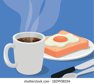 tazón de café con huevo sobre pan y cubiertos diseño de bebida cafeína desayuno y bebida tema Vector ilustración