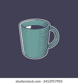 Coffee mug engraving hand drawn isolated vector illustration. Design element for shirt design, logo, sign, poster, banner.