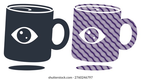 Coffee mug with eye symbol, watchful or aware concept, creative design.