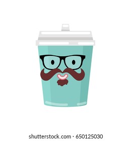Coffee mug with face, mustache and goggles. Coffee or cocktails in plastic or paper cup. Character vector illustration.