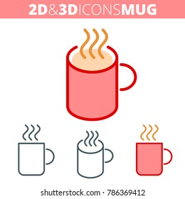 The coffee mug. Flat and isometric 3d outline icon set. The ceramic espresso mug with steam line illustration collection. Vector linear infographic elements for web design, social media, presentations