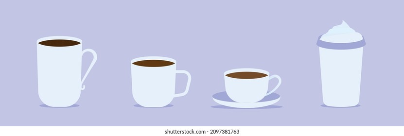 Coffee mug in flat style. A set of three cups, stock vector.