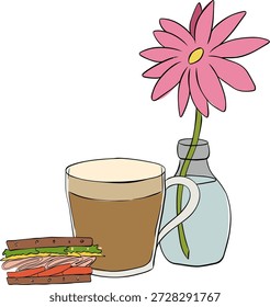 Taza de café, flor y sándwich Composición de café ilustración dibujada a mano. Vector de línea gráfica de tinta de color de arte. Desayuno rústico, aislado sobre un fondo blanco.
