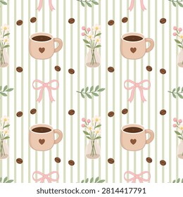 Coffee mug and flower vase seamless pattern vector illustration, green stripes background with pink ribbon bow and coffee beans