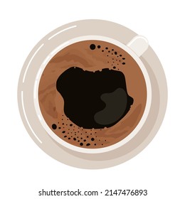 Coffee mug with foam top view. Coffee break poster for bar, cafe, t shirt print. Color flat cartoon vector illustration isolated on white background
