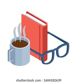 coffee mug, glasses and book over white background, vector illustration