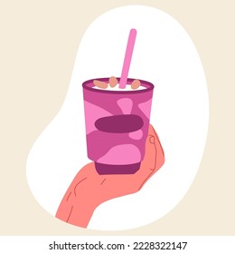 Coffee mug in hand, hot cocoa cup with marshmallow. Warm cozy beverage, cartoon hand holding coffee cup isolated flat vector illustration on white background