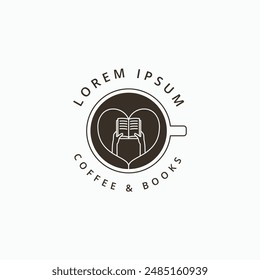 Coffee mug with hands holding open book and heart symbol logo design concept. coffee and book logo