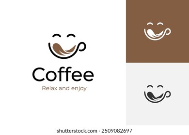 coffee mug with happy face logo design for beverage cafes brand logo template