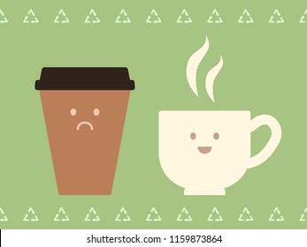 Coffee mug with a happy smiling face and take away coffe cup with sad face ecology concept, vector