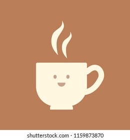 Coffee mug with a happy smiling face simple character, vector