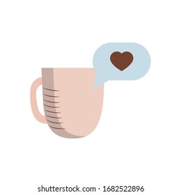Coffee mug with heart bubble flat style icon design of time drink breakfast beverage shop morning store aroma and caffeine theme Vector illustration