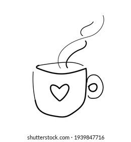 Coffee mug with a heart. Cup of coffe with a steam. Vector black and white hand drawn illustration on white background. Line art. Romantic, love. Good morning. Sketch. Tea, cappucino, espresso