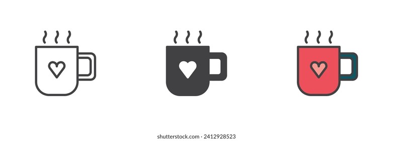 Coffee mug with heart different style icon set. Line, glyph and filled outline colorful version, outline and filled vector sign. Symbol, logo illustration. Vector graphics