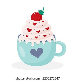 Coffee mug with heart ornament, whipped cream with strawberry on the top and sweet hearts. Cute hot drink isolated on white background.