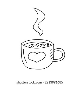 Coffee mug with heart and steam in doodle style. Black and white vector illustration for coloring book.