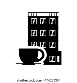 coffee mug hotel building windows service silhouette icon. Flat and Isolated design. Vector illustration