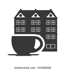 coffee mug hotel building windows service silhouette icon. Flat and Isolated design. Vector illustration