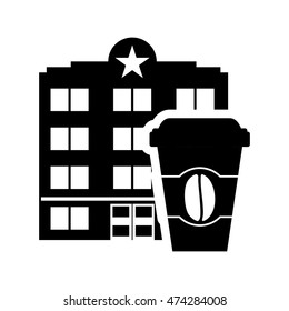 coffee mug hotel building windows service silhouette icon. Flat and Isolated design. Vector illustration