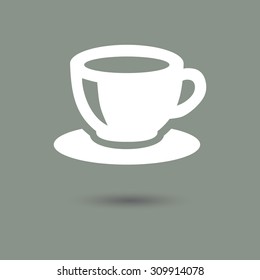 Coffee mug icon in modern style with shadow and gray background. Symbol of a cup of tea and other drinks.