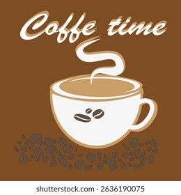 Coffee mug icon. Steaming cup shape. Brown bean symbol. Vector drink object.