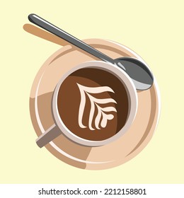 Coffee in mug illustration. Cappuccino with spoon and tiny plate in cream background