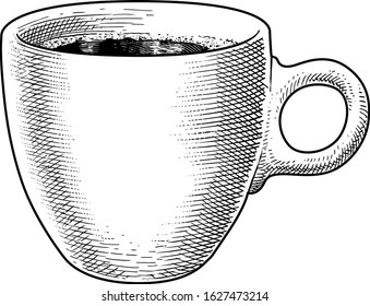 Coffee mug illustration, drawing, engraving, ink, line art, vector