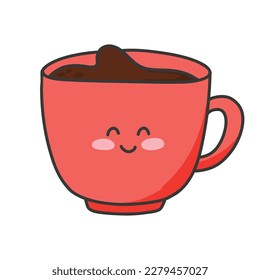Coffee mug in kawaii style. Vector illustration. Isolated mug with tea, coffee, cocoa in cartoon style. Bright flat illustration. Mug character.