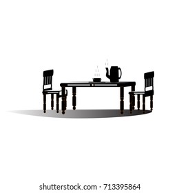 Coffee mug and kettle are placed on the table on white background .