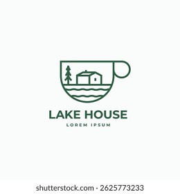 Coffee mug with lake house minimal line logo design. Lake house cafe restaurant symbol logo icon