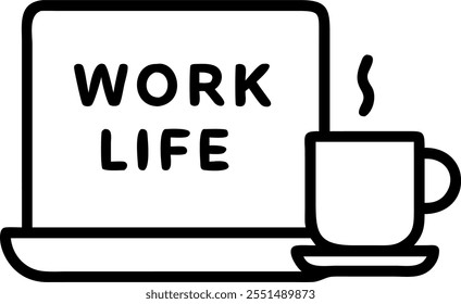 Coffee mug and laptop with Work Life Balance text in a border frame with copy space concept as Camera movement Pan across the coffee mug and laptop focusing on the text. Scene Rela