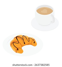 Coffee mug with latte art design and croissant isolated on white background. Isometric view. Vector