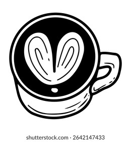 Coffee mug with latte art. Hand drawn doodle vector. Invigorating hot drink brewed from roasted beans in a ceramic cup. Espresso, cappuccino. Cafe menu. Illustration line element.