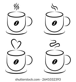 Coffee Mug Line Art Icons Set. Set of four minimalist line art vector icons featuring steaming hot coffee mugs, some with coffee bean designs.