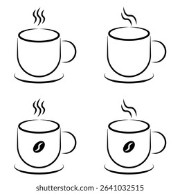 Coffee Mug Line Art Icons Set. Set of four minimalist line art vector icons featuring steaming hot coffee mugs, some with coffee bean designs. vector illustration.