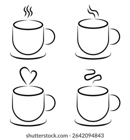 Coffee Mug Line Art Icons Set. Set of four minimalist line art vector icons featuring steaming hot coffee mugs, some with coffee bean designs. vector illustration.