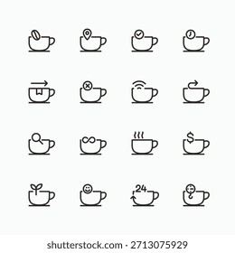 Ícones de caneca de café definidos com relógio de ponto, localização, sinal de internet, símbolo de folha orgânica. Coleções de sinais de ícone de logotipo de símbolo da cafeteria