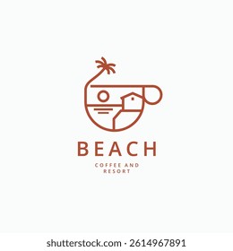 Coffee mug logo design with palm tree, ocean view and house minimal line art logo. Beach coffee house resort logo icon