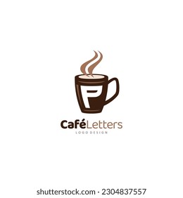 Coffee mug Logo of Letter P café shop icon restaurant bistro symbol beanery sign eatery emblem clipart