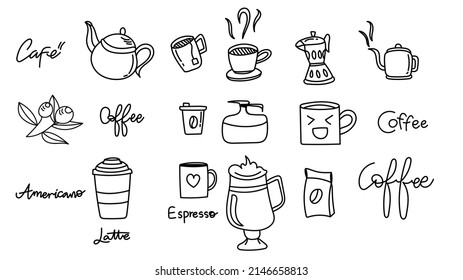 coffee, mug, coffee making equipment  Different types of coffee, hand drawn, beautiful lines ,isolated on white background ,Vector illustration EPS 10