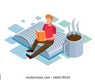 coffee mug and man reading a book sitting on big book over white background, colorful isometric design, vector illustration